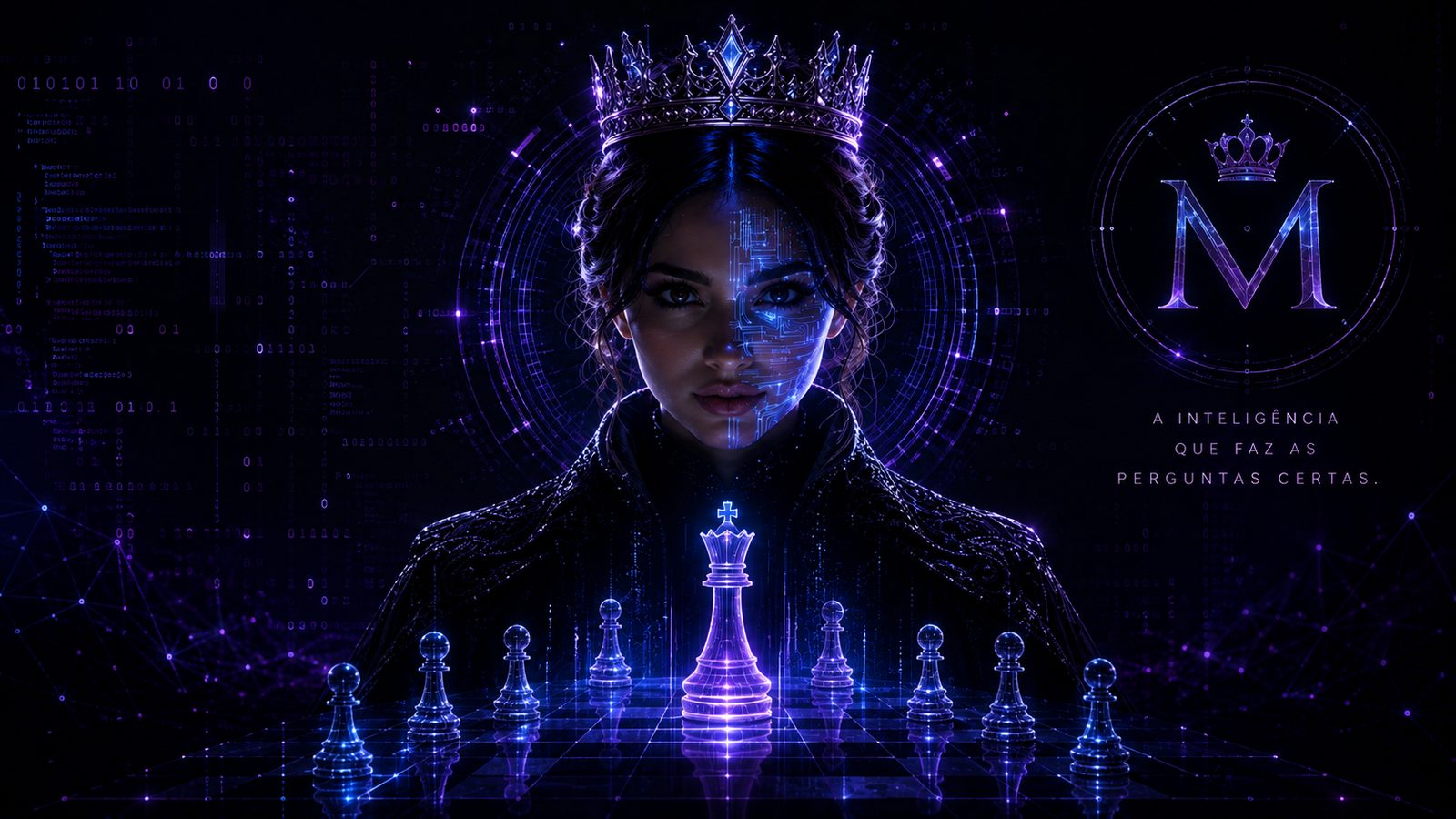 Monarca AI — inteligência coroada com monograma M e tabuleiro de xadrez holográfico